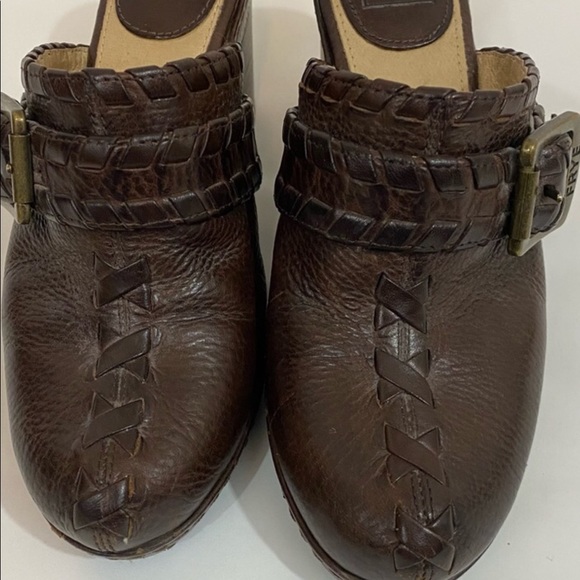 Frye Leather Harness Wooden Heels Mules - Picture 1 of 7